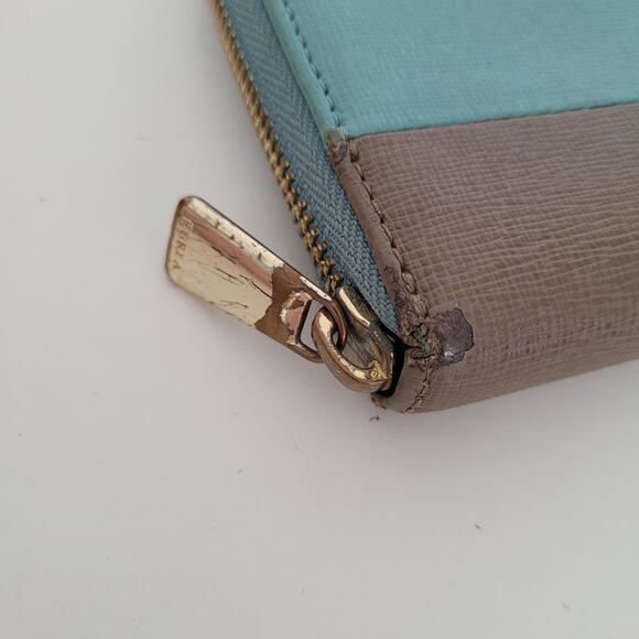 Furla Wallet Large Teal Blue Gray Two Block Genuine Leather Italian Zip Around - Picture 11 of 13